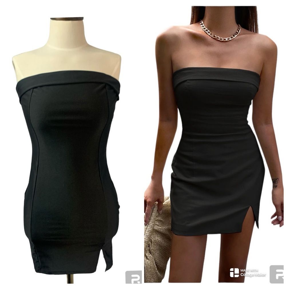 Mini‎ Black Dress Strapless Fold over Tube top Bodycon Small